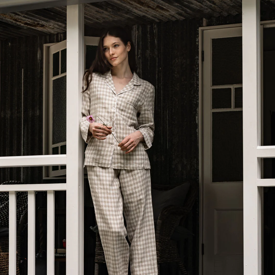 French Flax Linen Pyjama Set in Beige Gingham - Image 7