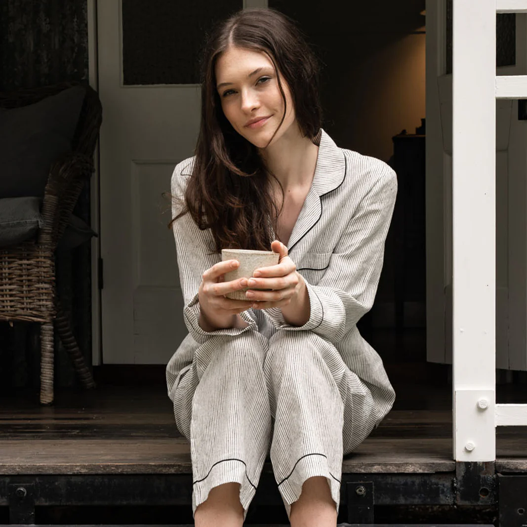 French Flax Linen Pyjama Set in Pinstripe - Image 8