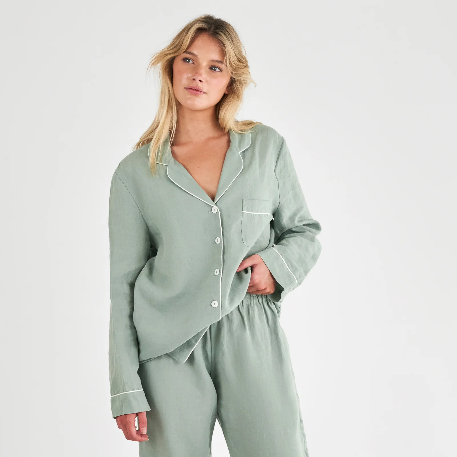 French Flax Linen Pyjama Set in Sage - Image 5