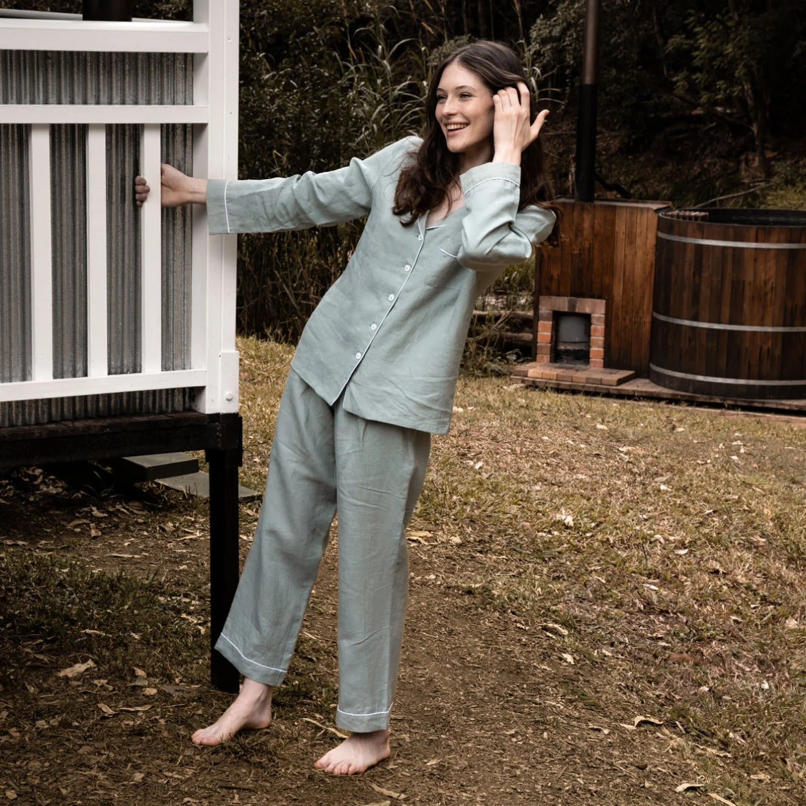 French Flax Linen Pyjama Set in Sage - Image 7