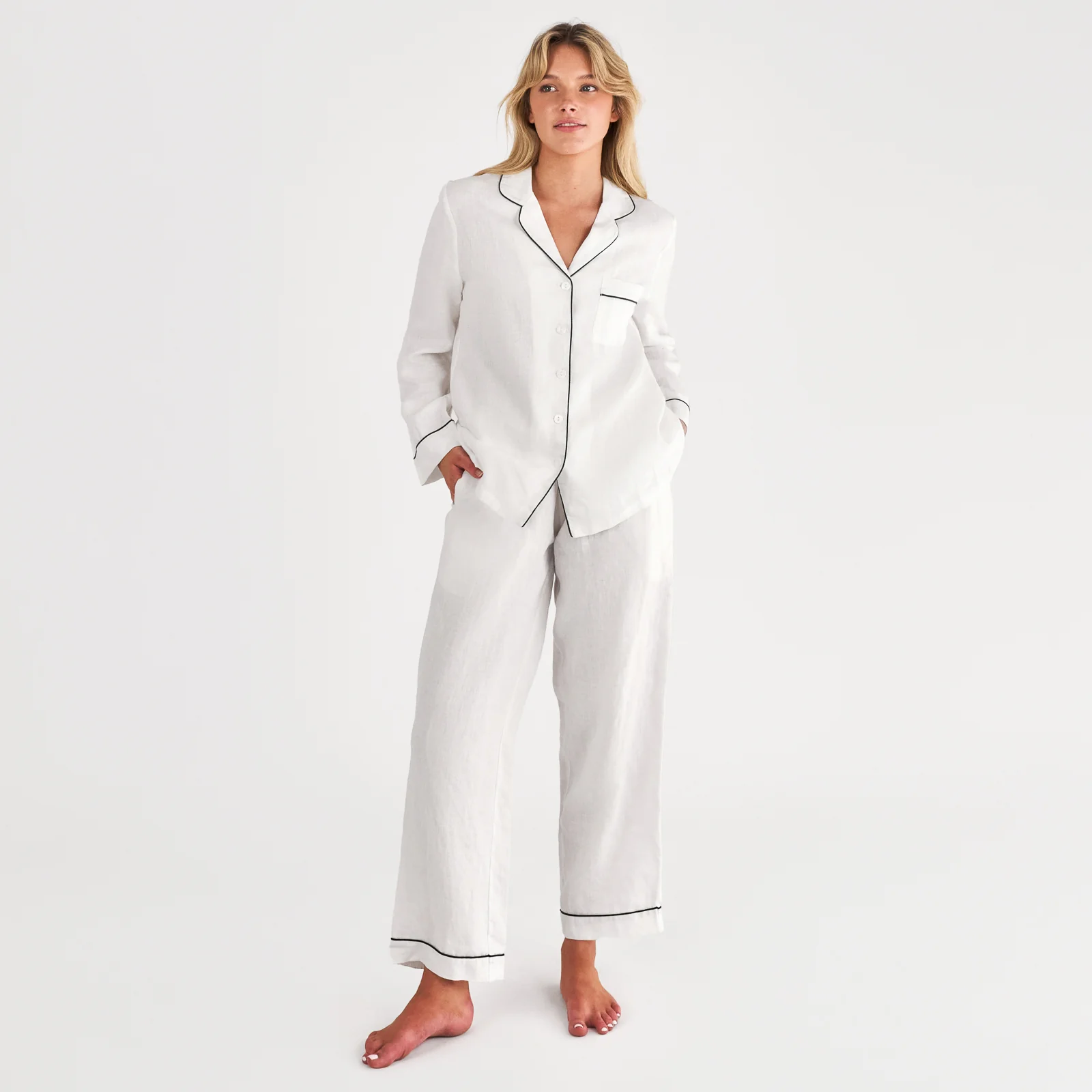 French Flax Linen Pyjama Set in White - Image 2
