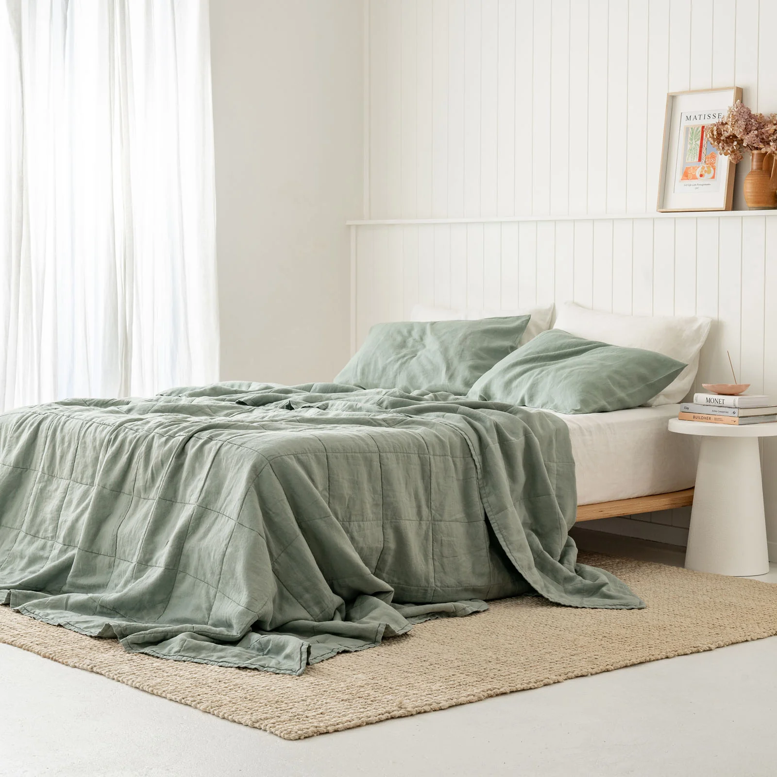 French Flax Linen Queen/King Quilted Coverlet in Sage - Image 3
