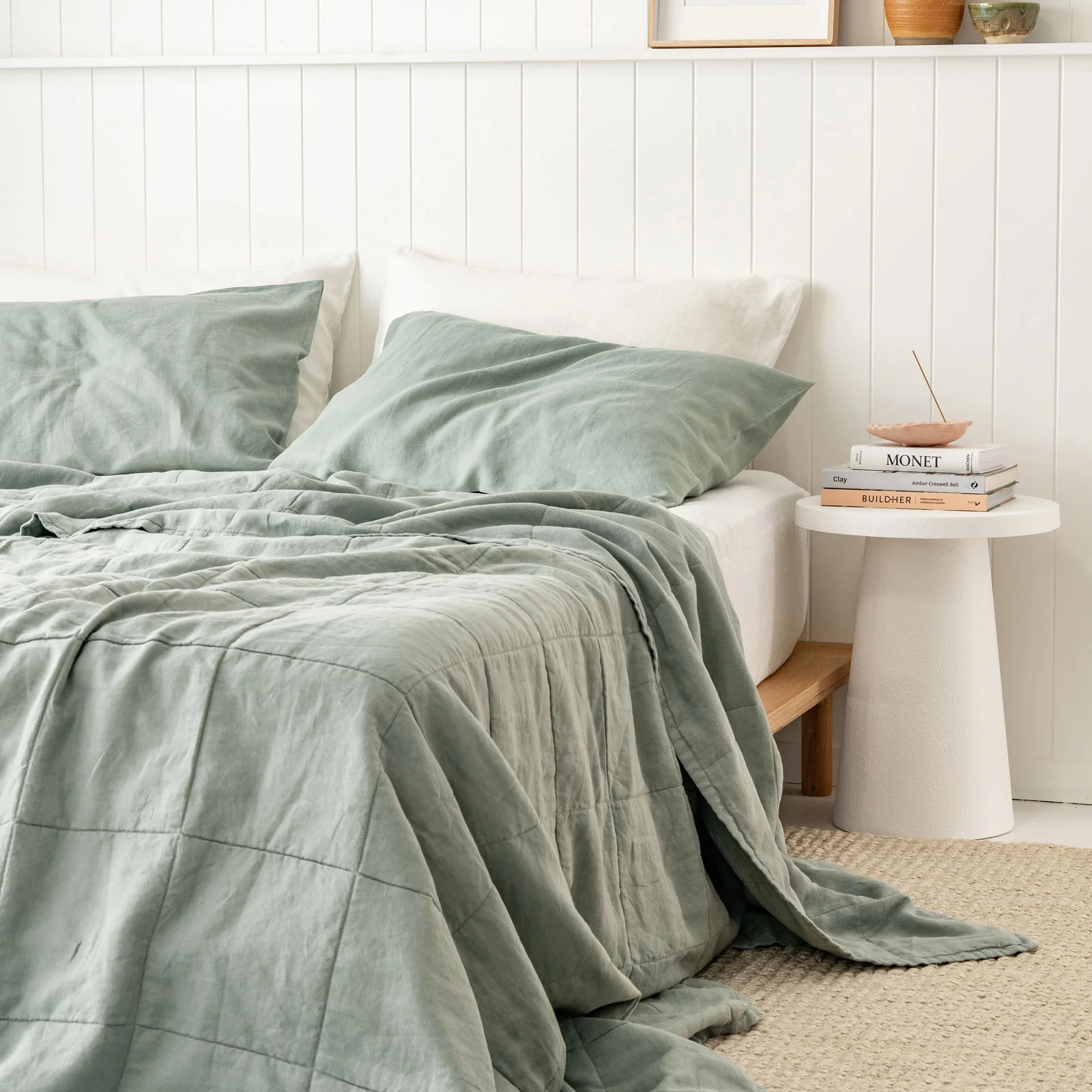 French Flax Linen Queen/King Quilted Coverlet in Sage - Image 4