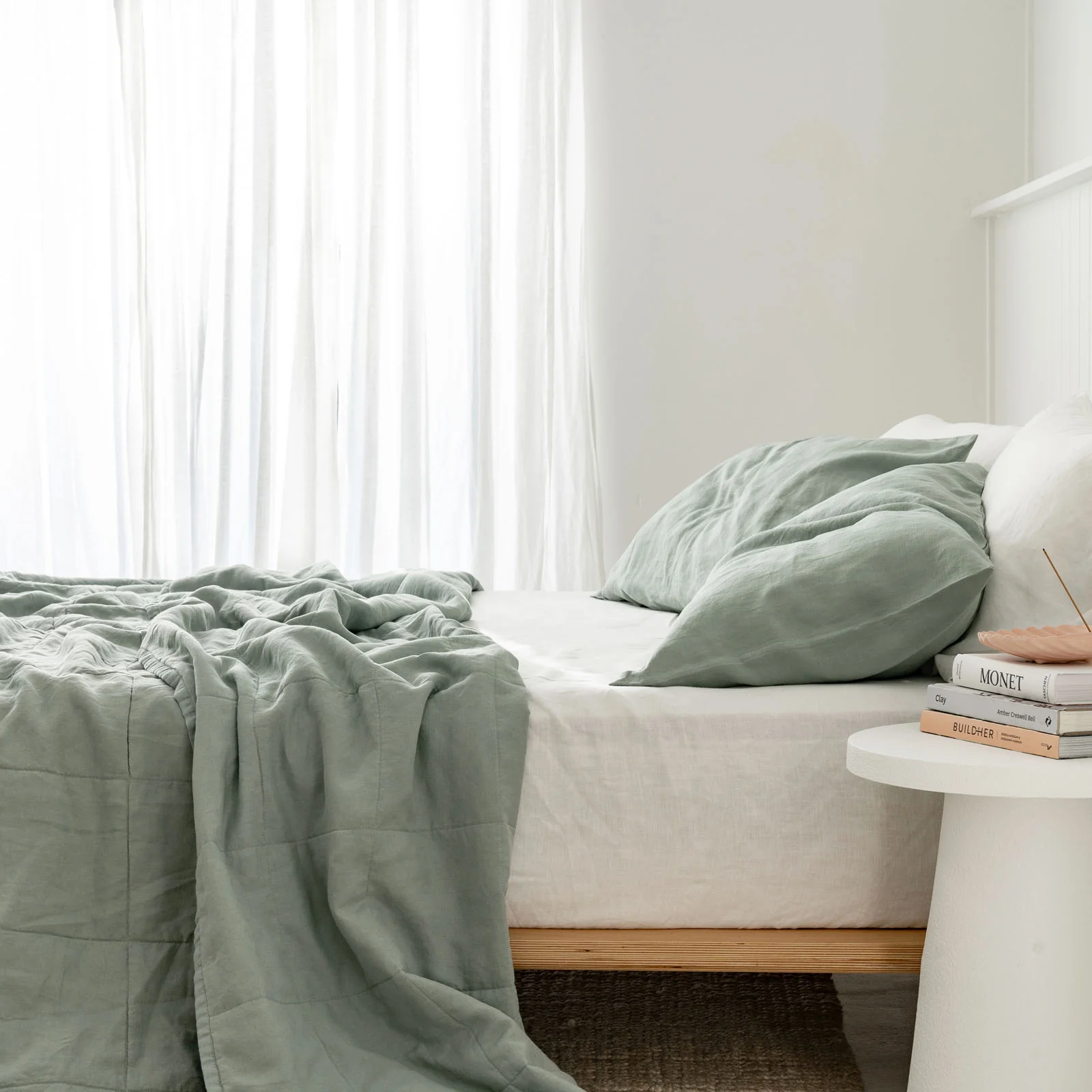 French Flax Linen Queen/King Quilted Coverlet in Sage - Image 6