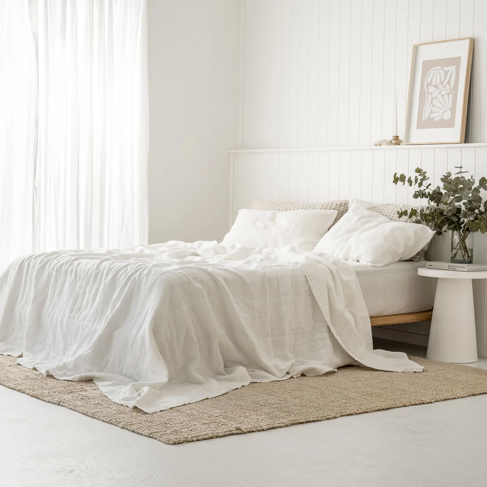 French Flax Linen Queen/King Quilted Coverlet in White - Image 3