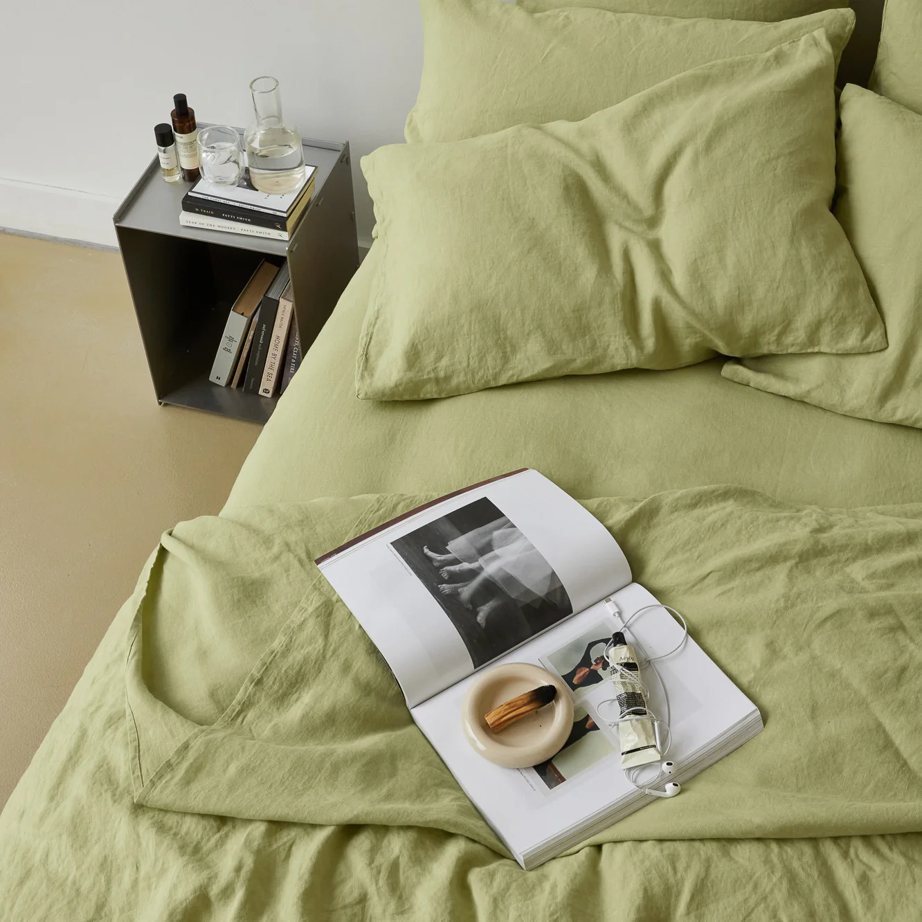 French Flax Linen Quilt Cover Set in Matcha - Image 4