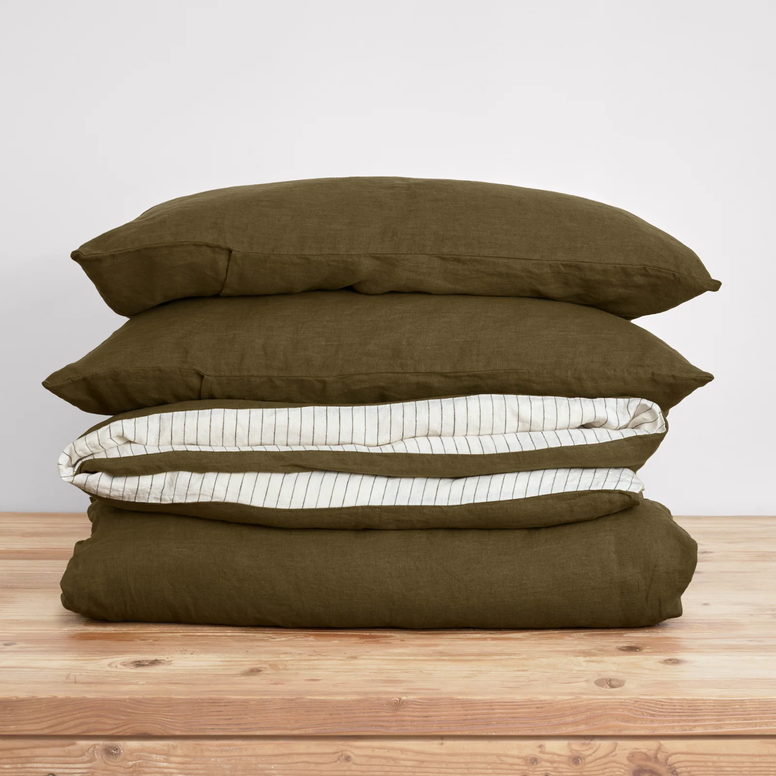 French Flax Linen Quilt Double Sided Cover SET in Olive/Olive Stripe