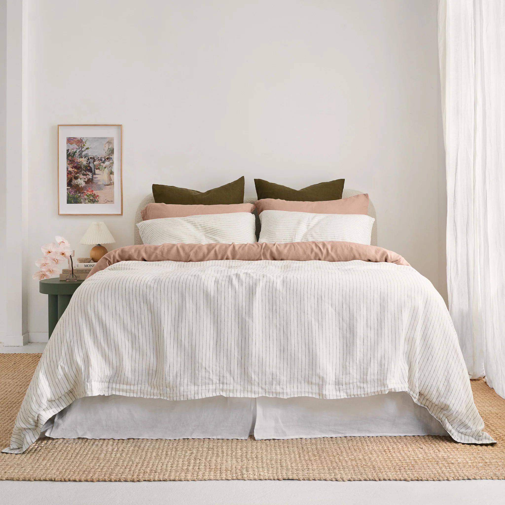 French Flax Linen Quilt Double Sided Cover SET in Olive/Olive Stripe - Image 11