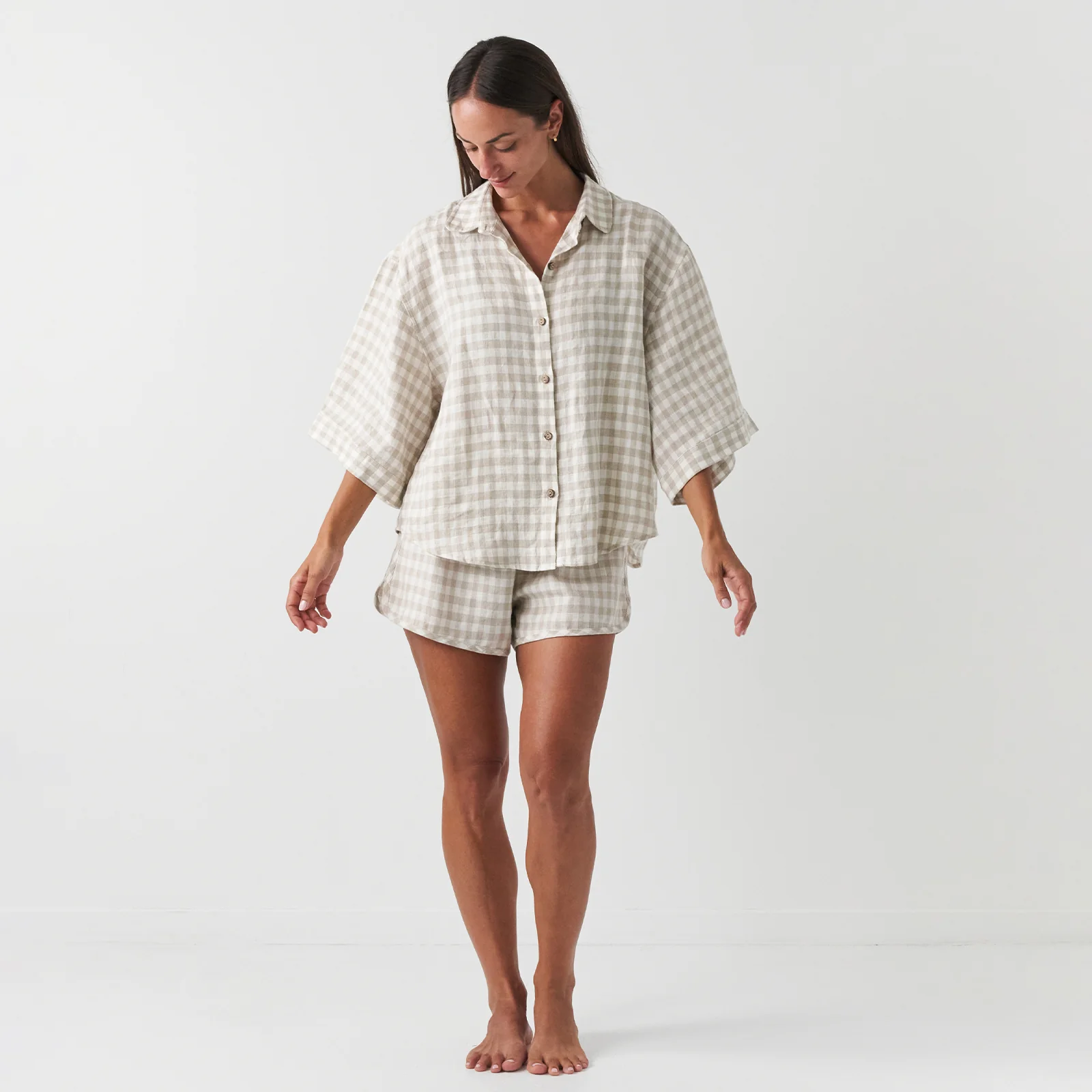French Flax Linen Relaxed Short in Beige Gingham - Image 4