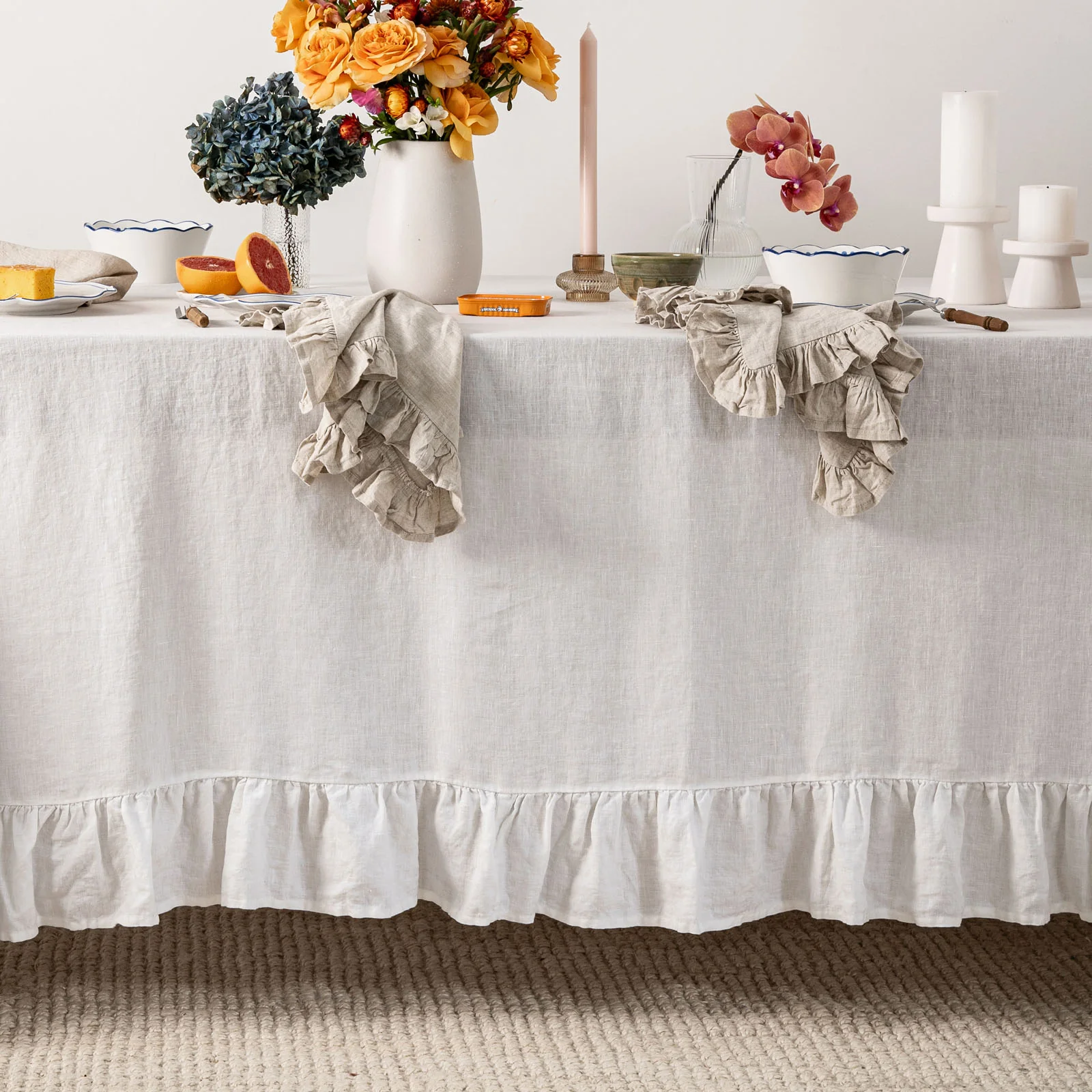 French Flax Linen Ruffles Table Cloth in White - Image 2