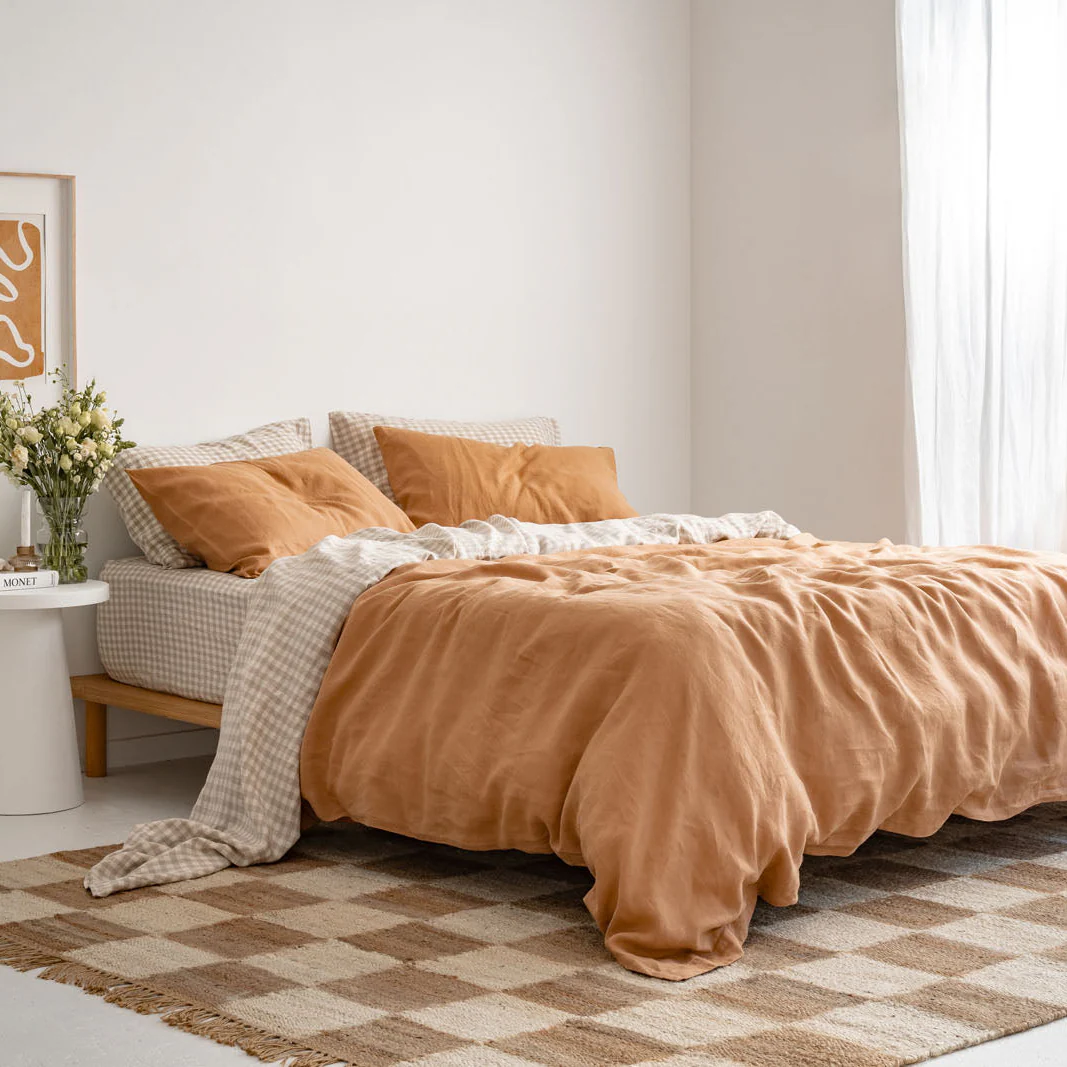 French Flax Linen Sheet Set in Beige Gingham - Image 12