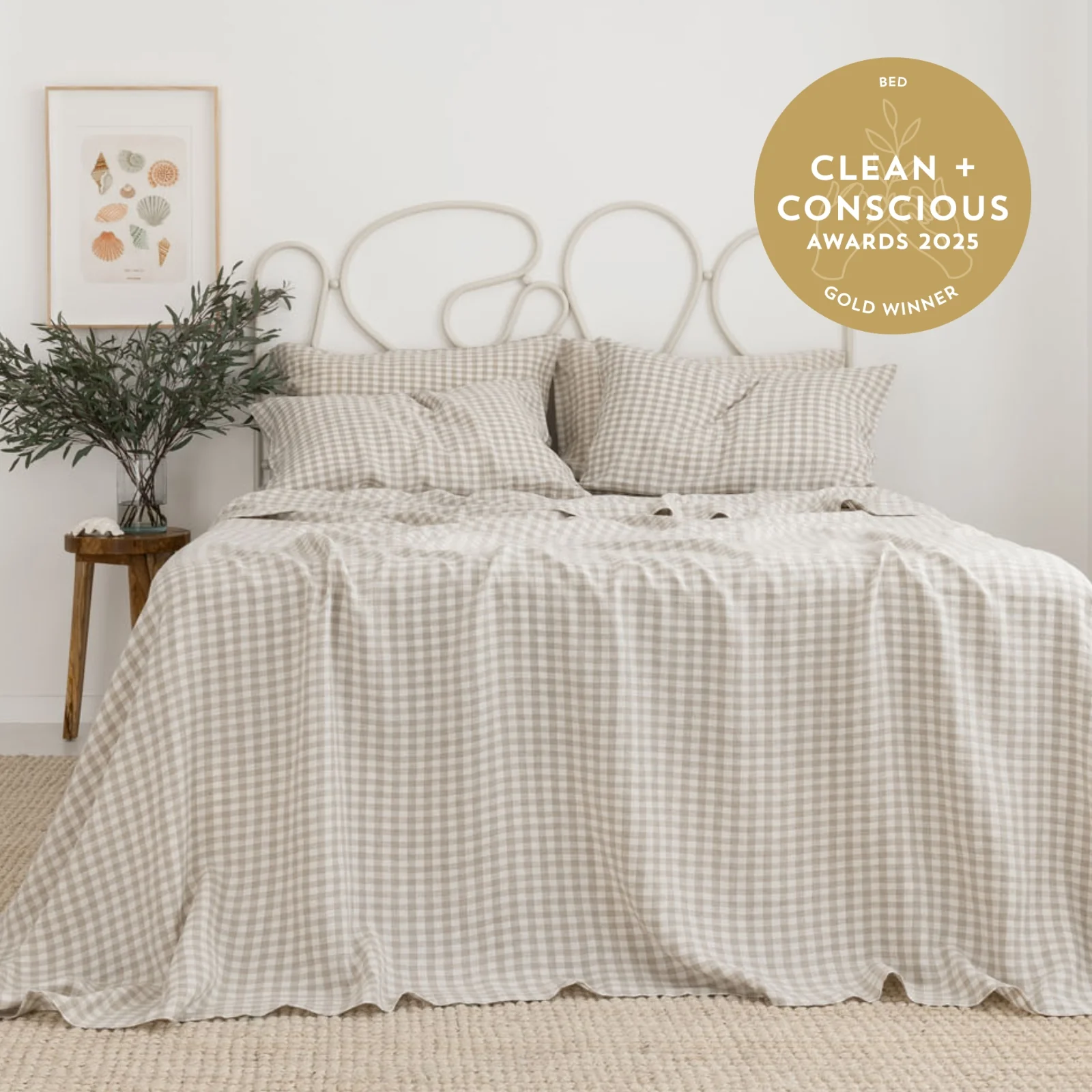 French Flax Linen Sheet Set in Beige Gingham - Image 4