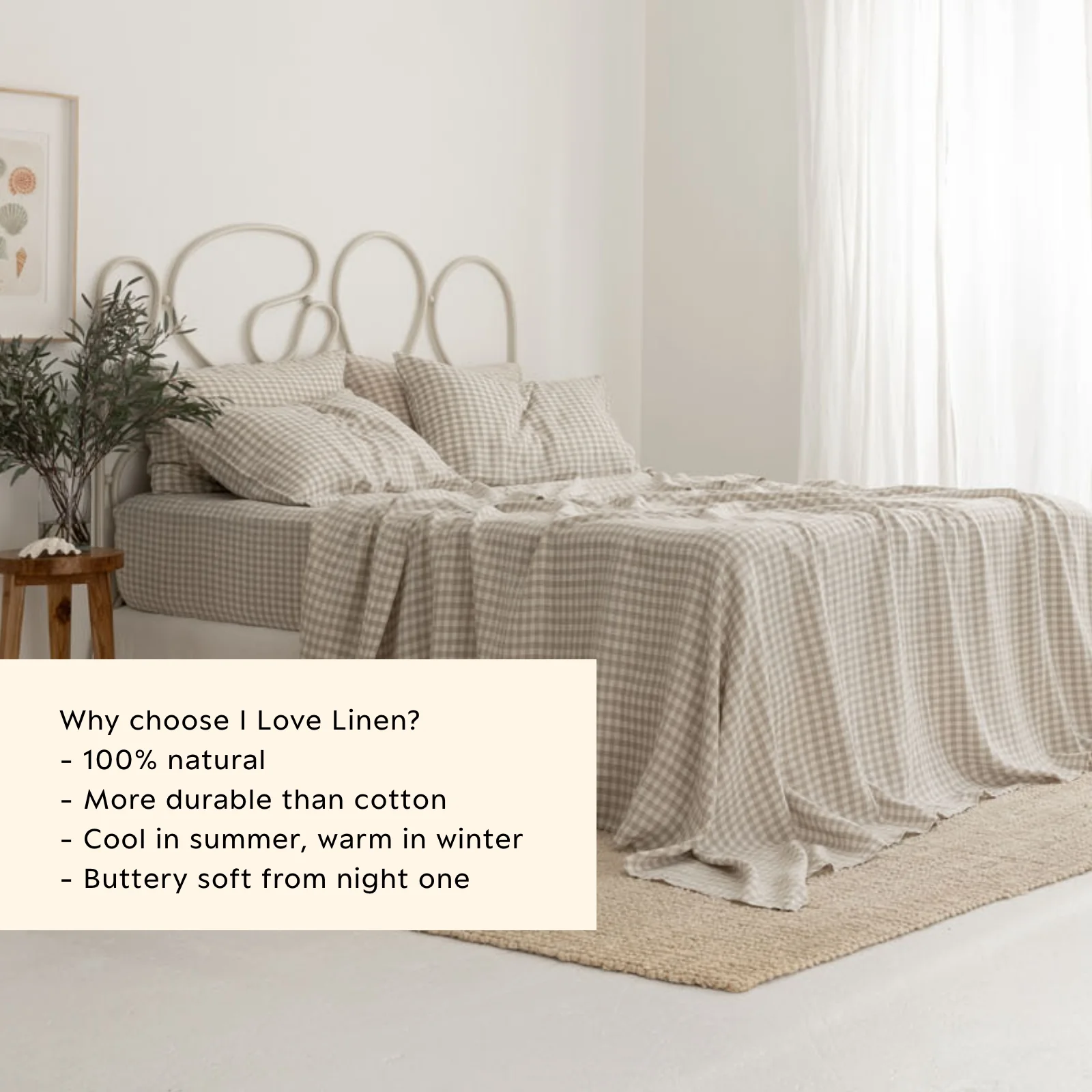 French Flax Linen Sheet Set in Beige Gingham - Image 6