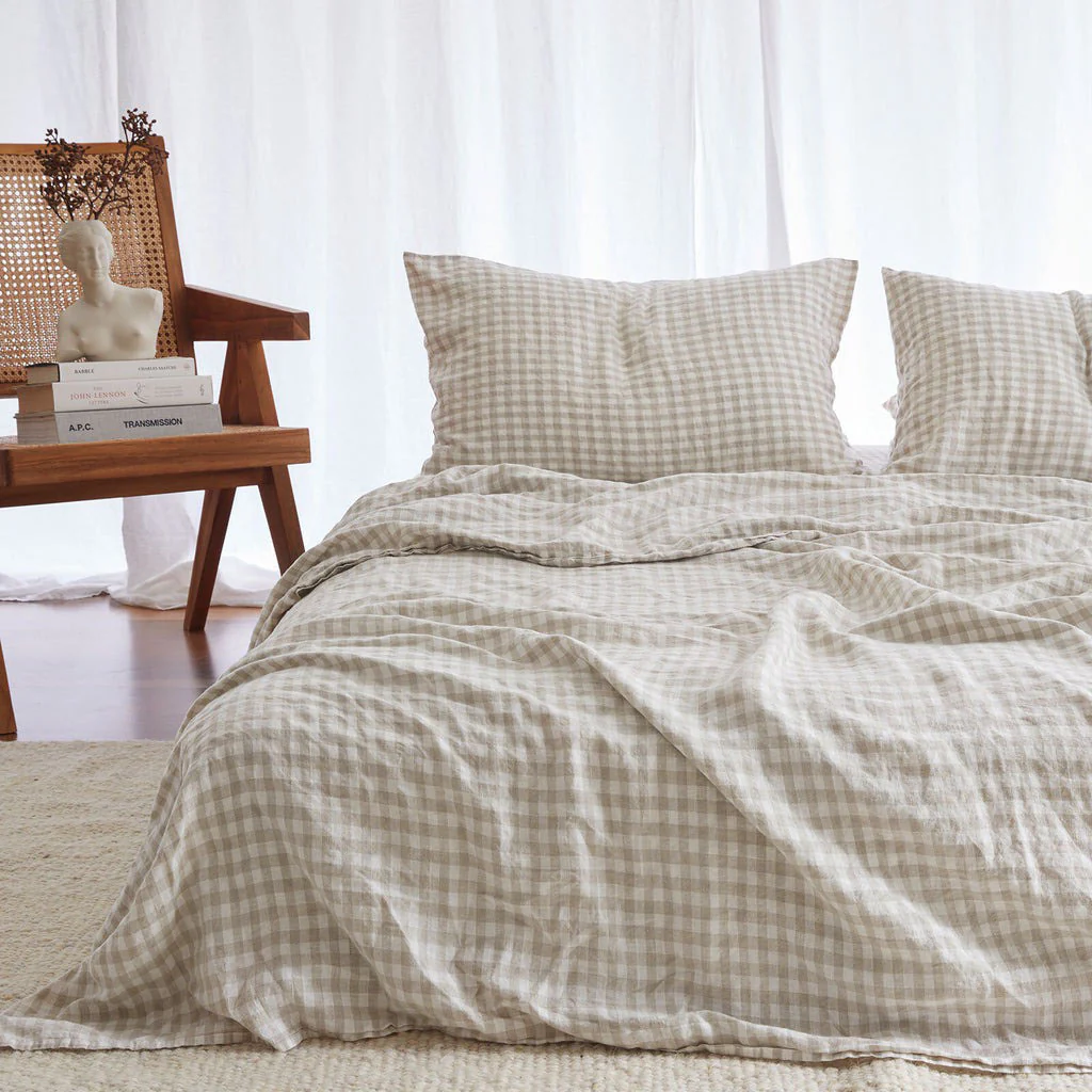 French Flax Linen Sheet Set in Beige Gingham - Image 7