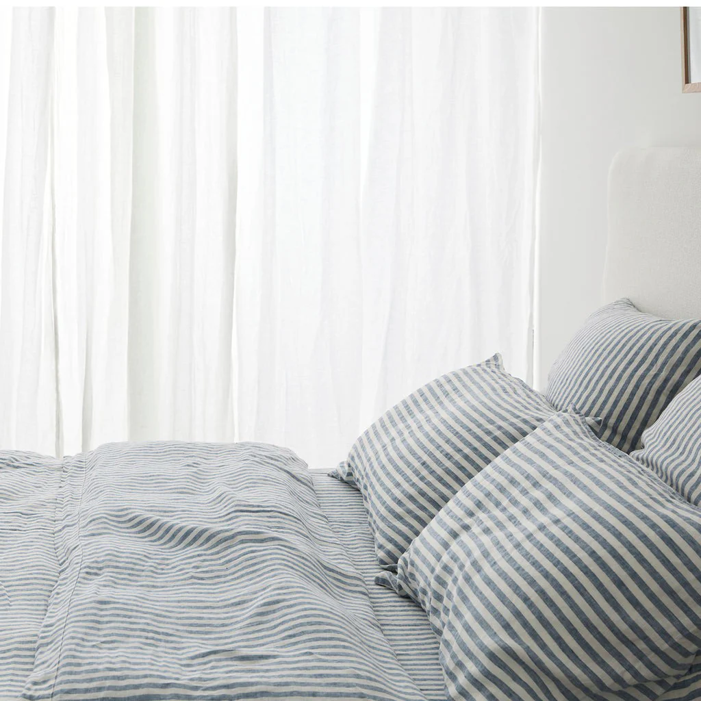 French Flax Linen Sheet Set in Marine Blue Stripe - Image 5
