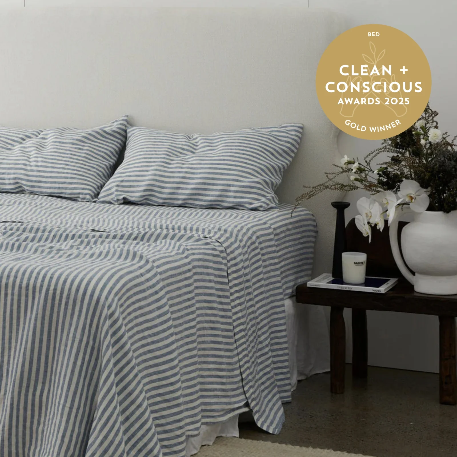 French Flax Linen Sheet Set in Marine Blue Stripe - Image 6