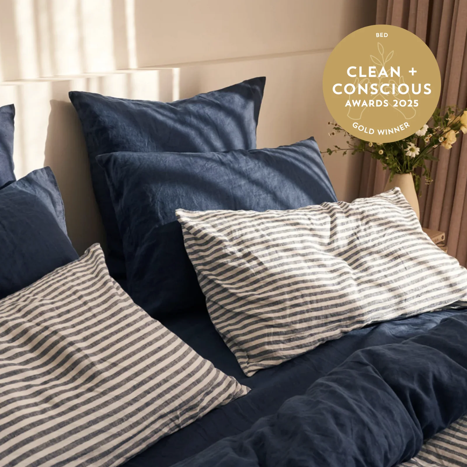 French Flax Linen Pillowcase Set in Indigo Stripe - Image 5