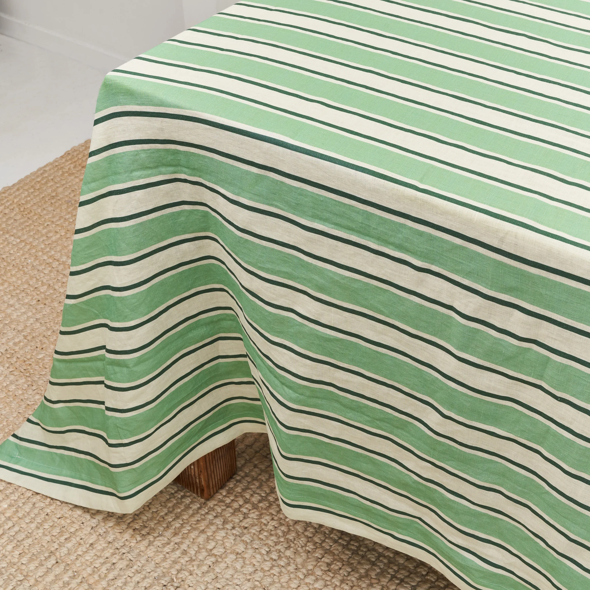 French Flax Linen Table Cloth in Green Stripe - Image 10