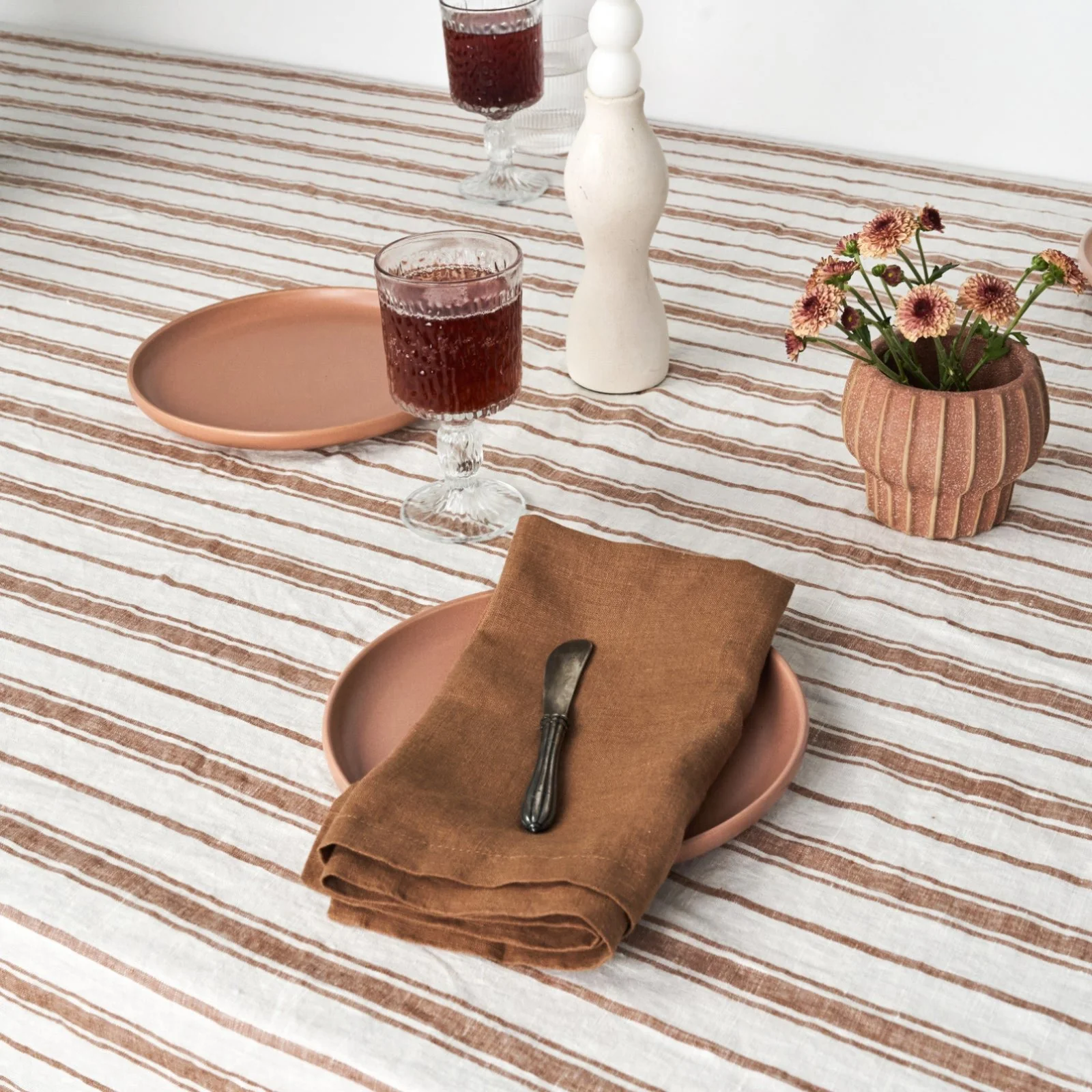 French Flax Linen Table Cloth in Hazelnut Stripe - Image 4