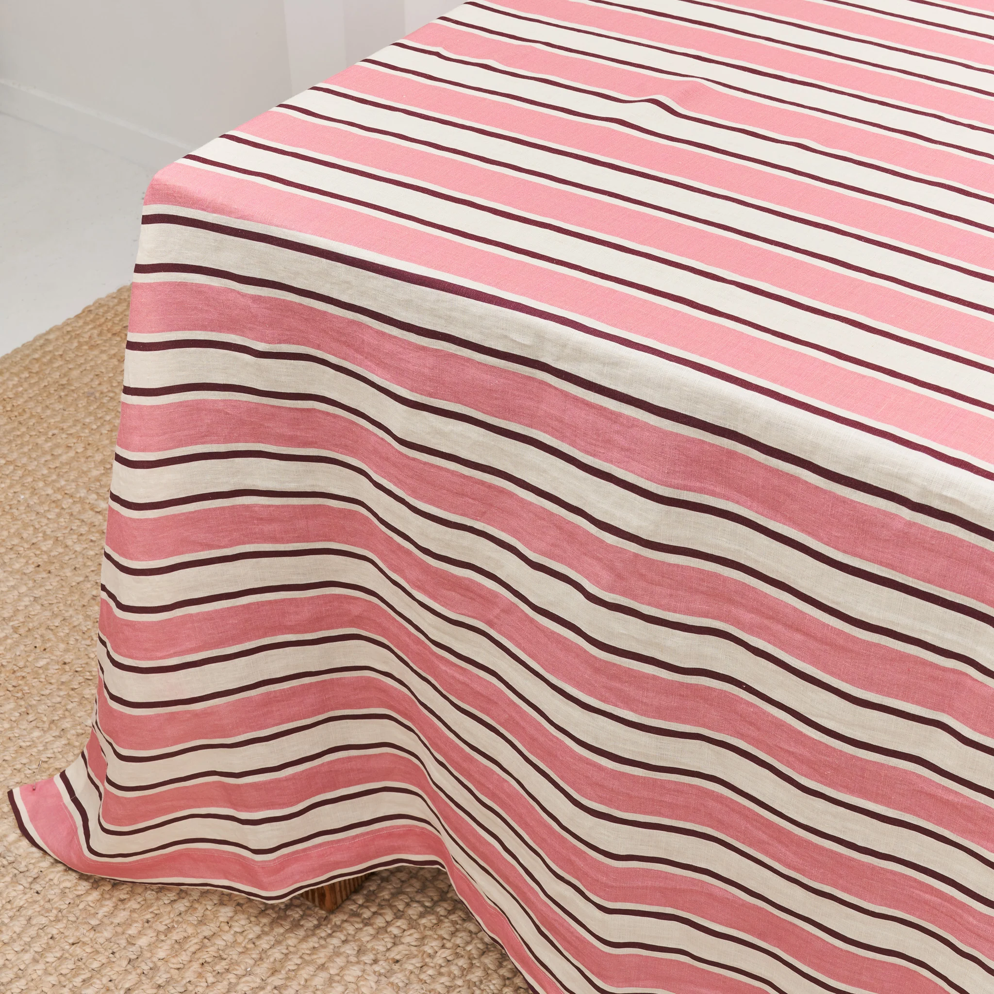 French Flax Linen Table Cloth in Pink Stripe - Image 8
