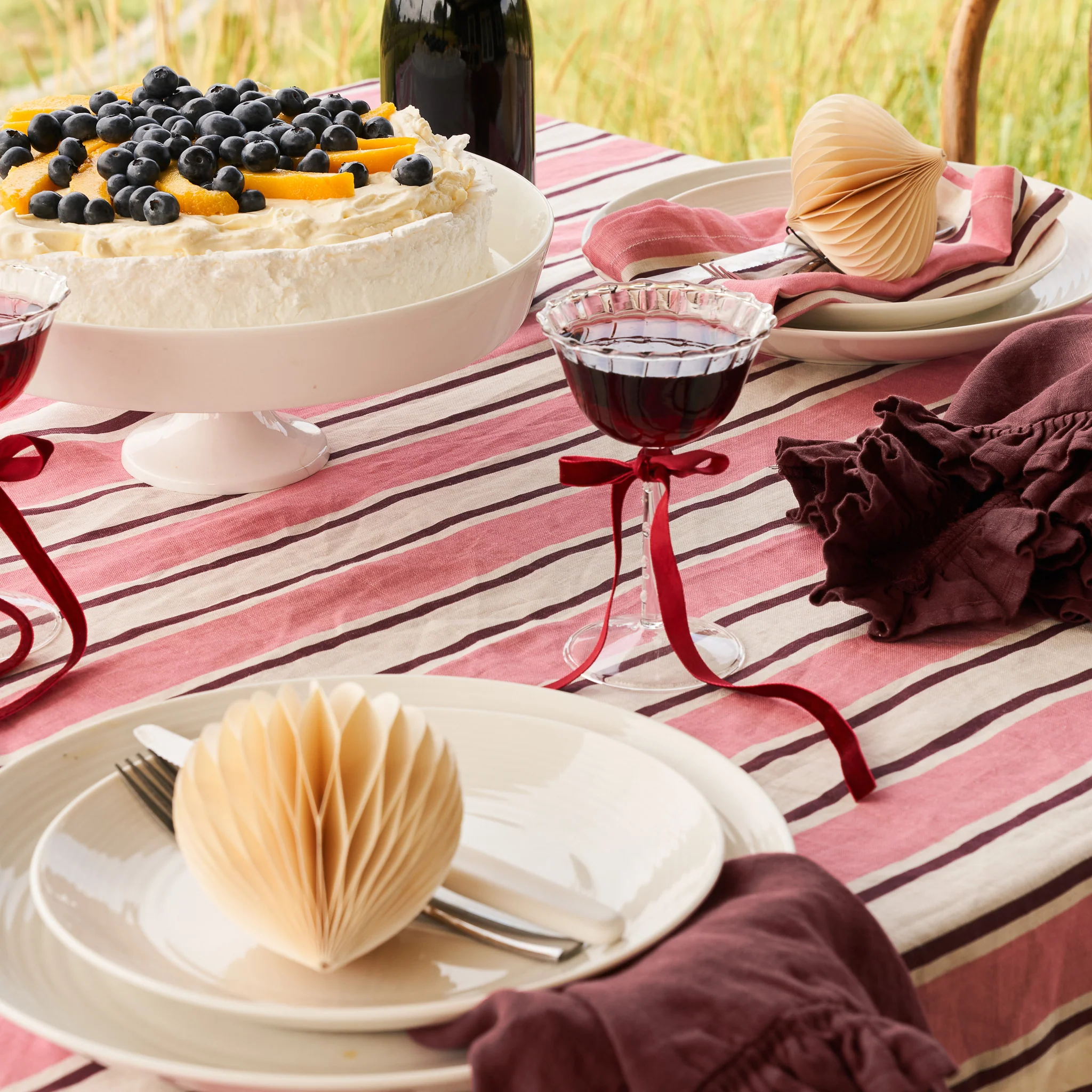 French Flax Linen Table Cloth in Pink Stripe - Image 9